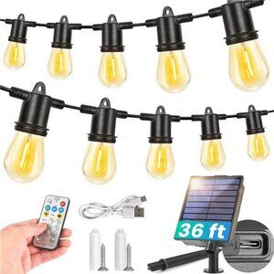 36FT Solar String Lights Waterproof 10+1 LED Bulbs Remote Control Timer Dimmable